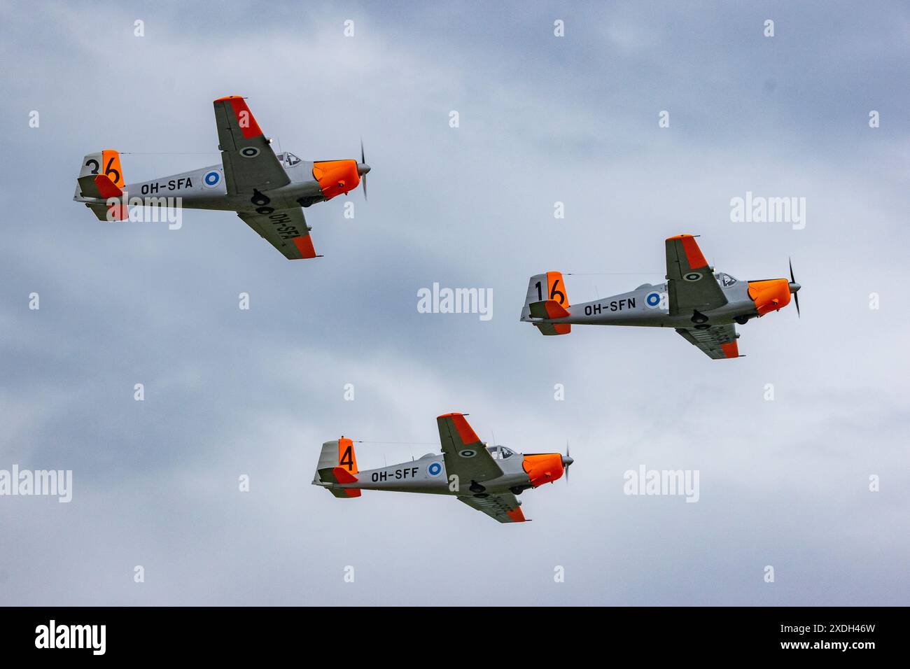 A formation of Saab Safir vintage airplanes performing at an airshow in Finland Stock Photo