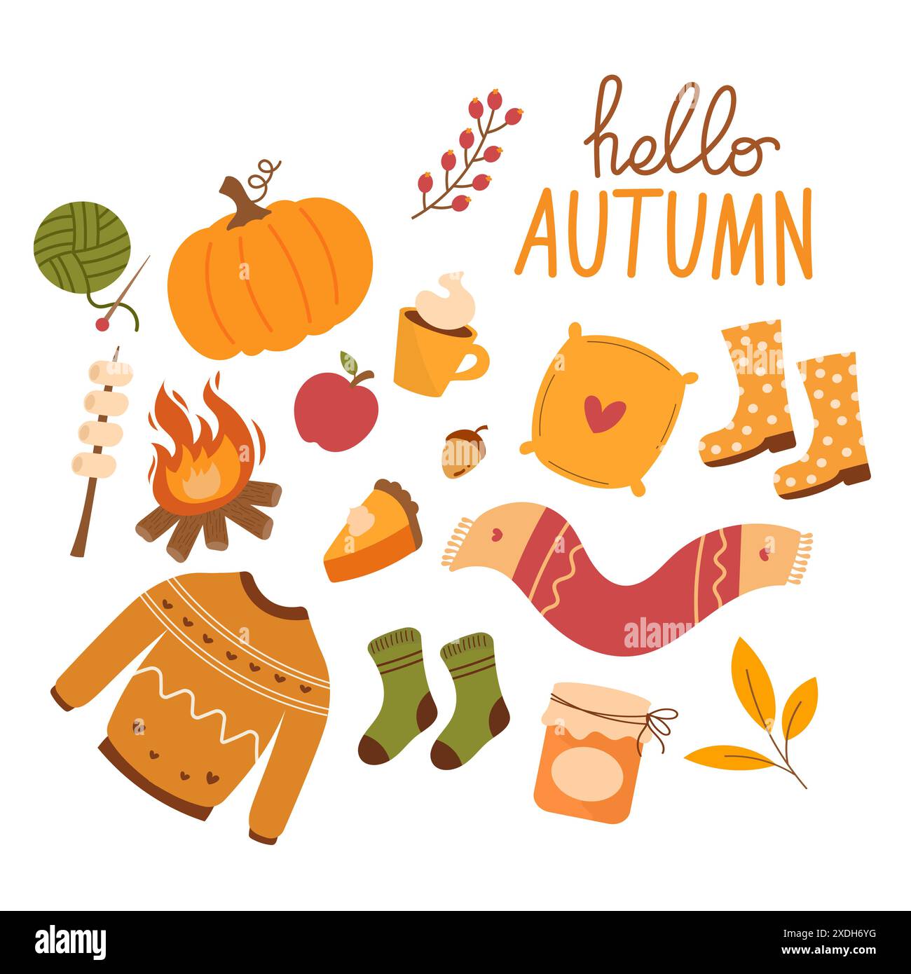 Hello autumn vector illustration collection. Autumn object elements cartoon hand drawn Stock Vector