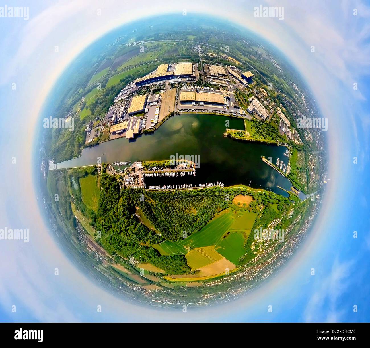 Aerial view, Friedrich der Große industrial estate on the Rhine-Herne Canal, Herne Sea with marina for pleasure craft, globe, fisheye image, fisheye i Stock Photo