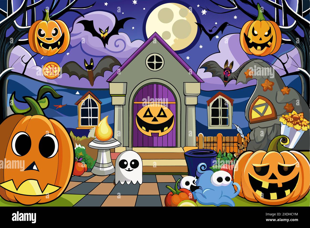 Halloween spooky night scene with haunted house and pumpkins. Concept ...