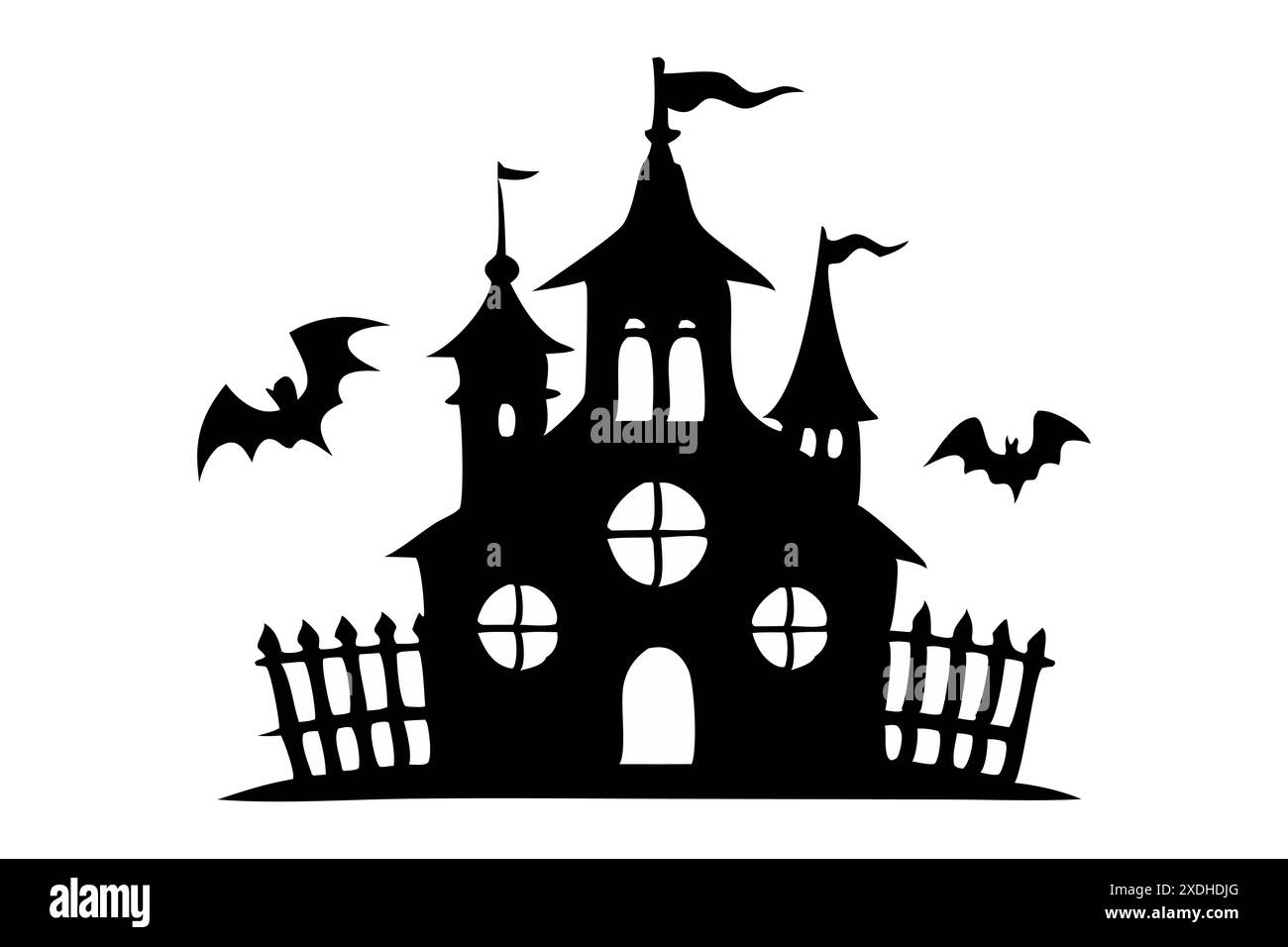 Black silhouette of a haunted castle with bats isolated on a white background. Concept of spooky decoration, haunted house, minimalist style, Hallowee Stock Vector