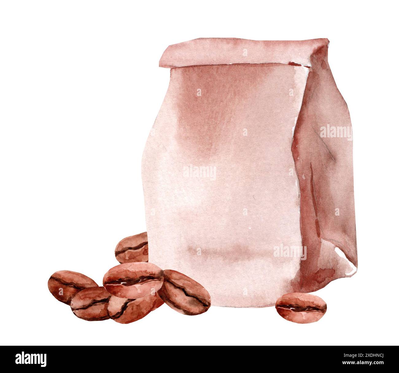 Coffee beans in a craft bag. Watercolor hand drawn illustration Stock ...