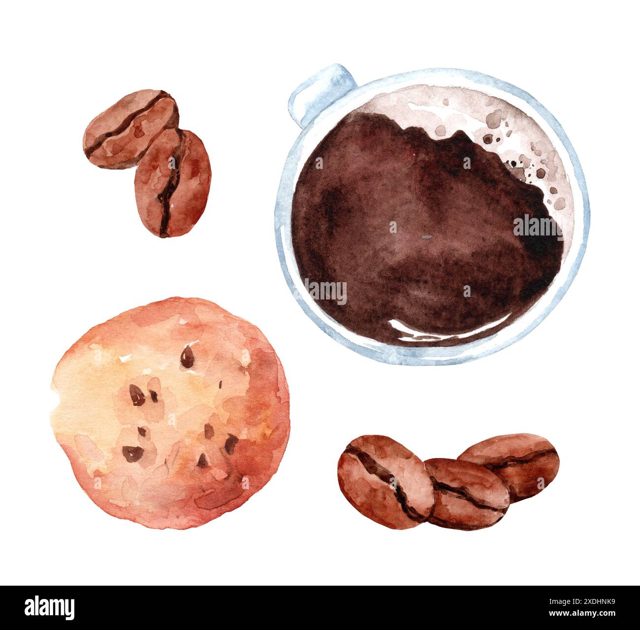 Coffee beans, a cup of espresso, chocolate chip cookies. Set of watercolor illustrations. Breakfast, coffee shop. Stock Photo