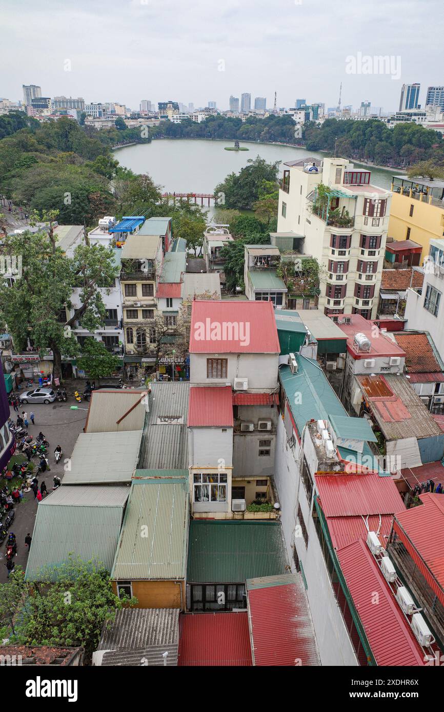 Hanoi, Vietnam - 9 Feb, 2024: Views over Hoan Kiem Lake and Hanoi Old Quarter Stock Photo