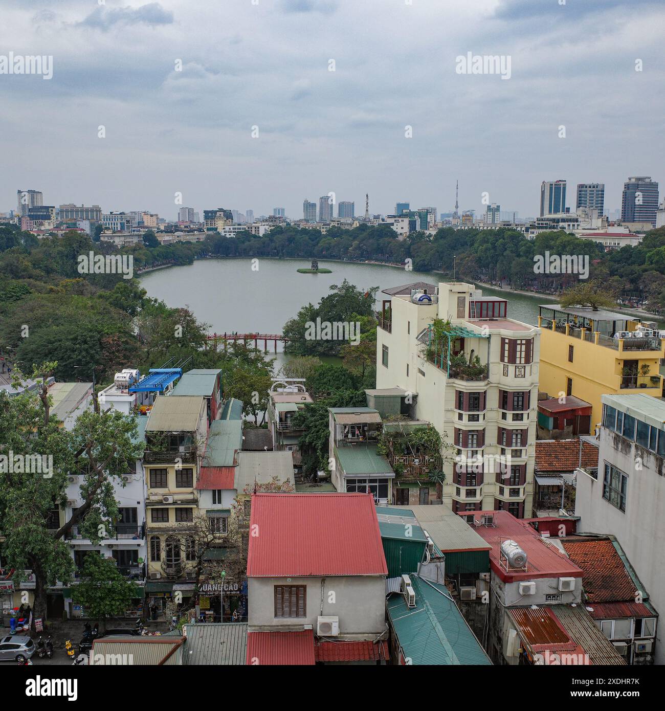 Hanoi, Vietnam - 9 Feb, 2024: Views over Hoan Kiem Lake and Hanoi Old Quarter Stock Photo