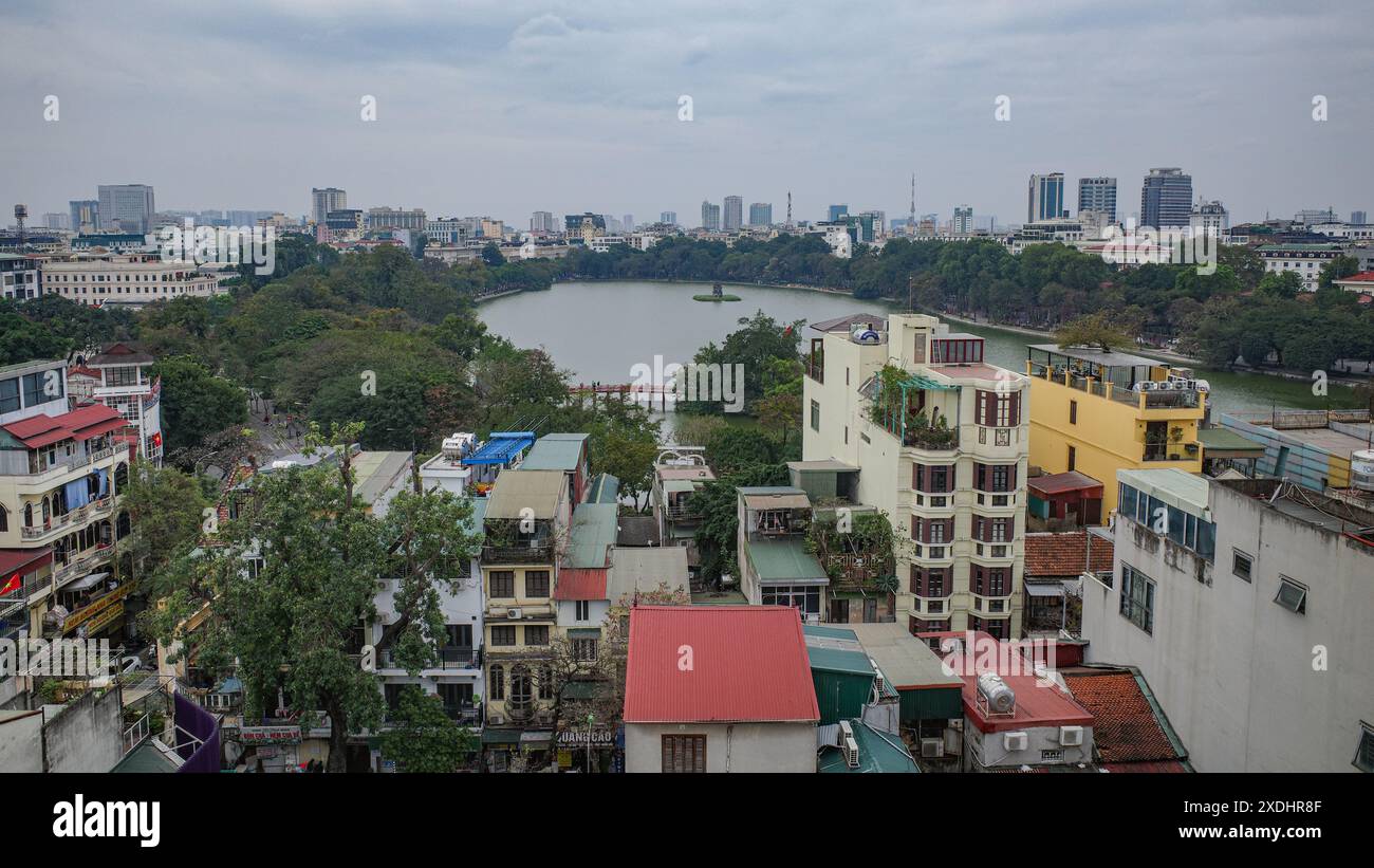 Hanoi, Vietnam - 9 Feb, 2024: Views over Hoan Kiem Lake and Hanoi Old Quarter Stock Photo
