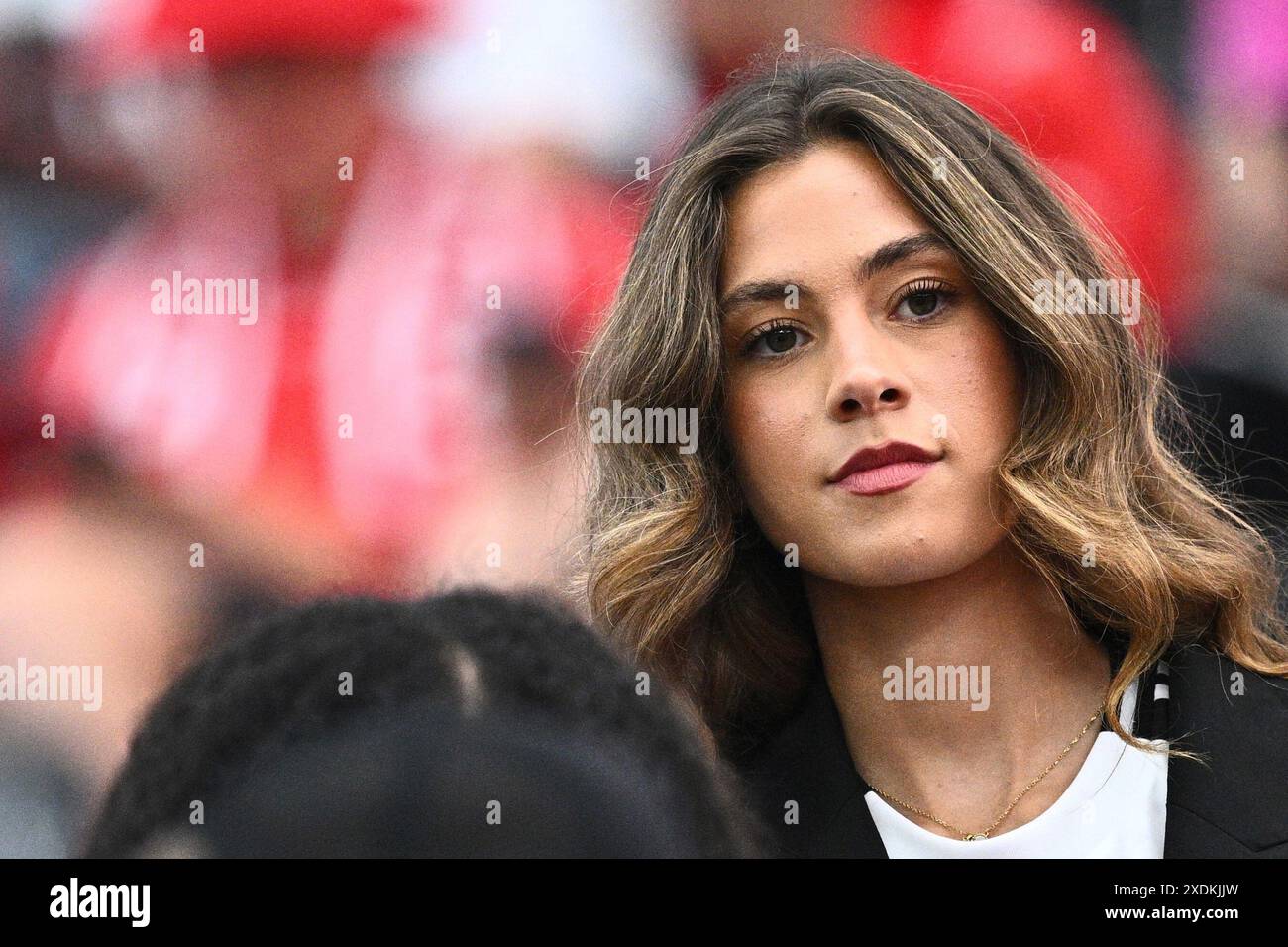 23 June 2024, Hesse, Frankfurt/M.: Soccer, UEFA Euro 2024, European Championship, Switzerland - Germany, preliminary round, group A, match day 3, Frankfurt Arena, Sophia Weber, girlfriend of Germany's Kai Havertz, sits in the stands. REFILE Photo: Tom Weller/dpa Stock Photo