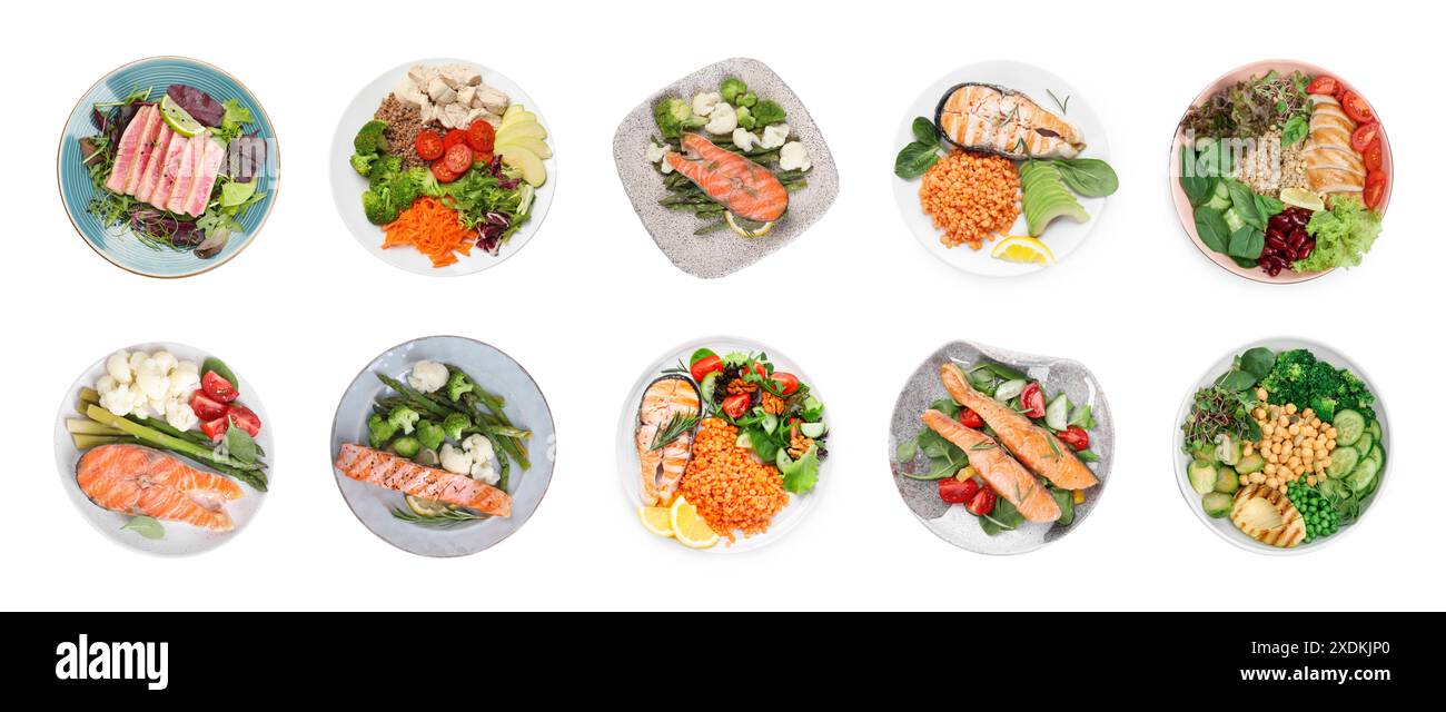 Set of different healthy meals on white background, top view Stock Photo