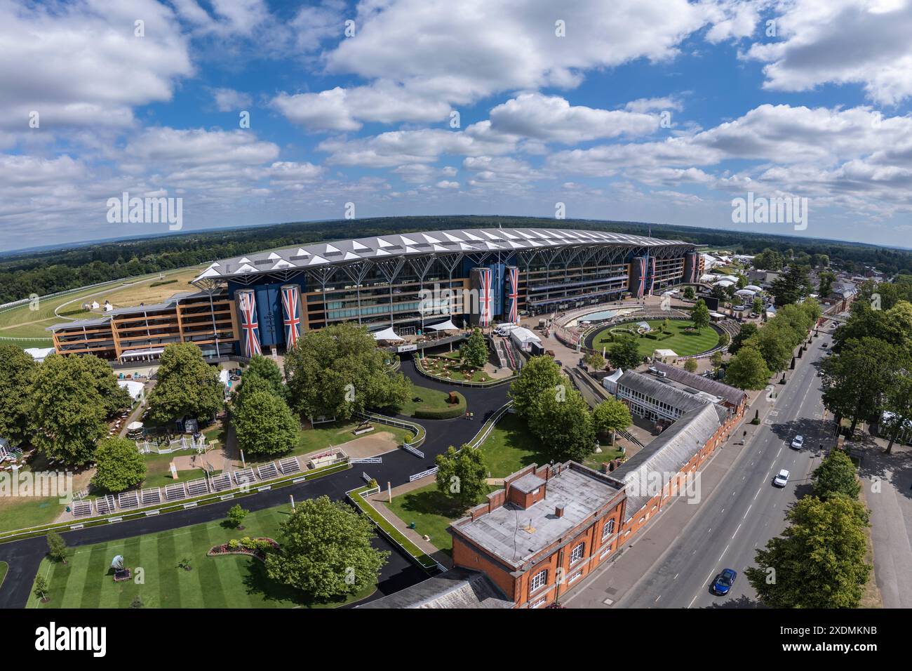 Aerial wide angle view of the main Grandstand of Ascot Racecourse, Berkshire, UK. Stock Photo