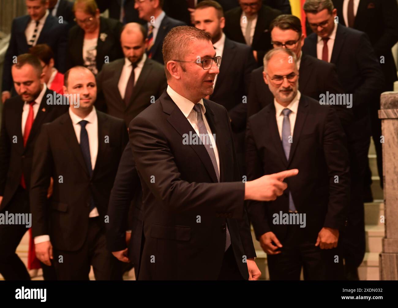 New Macedonian Prime Minister Hristijan Mickoski C and members of his