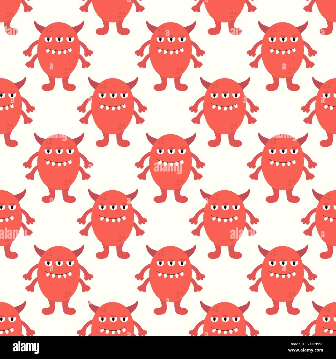Cute red alien or monster seamless pattern. Kids design. Vector flat illustration. Stock Vector
