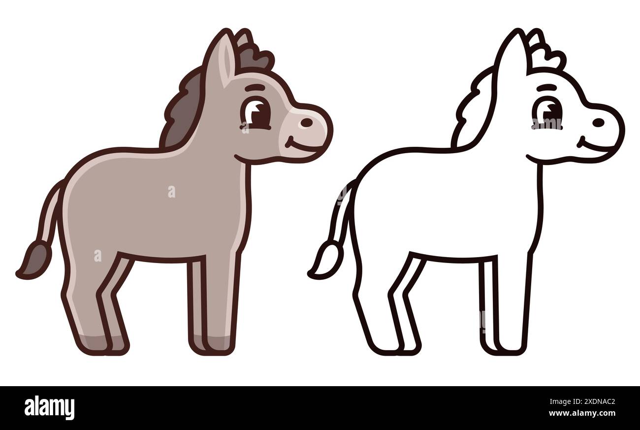 Cute cartoon donkey drawing, color and black and white line art ...