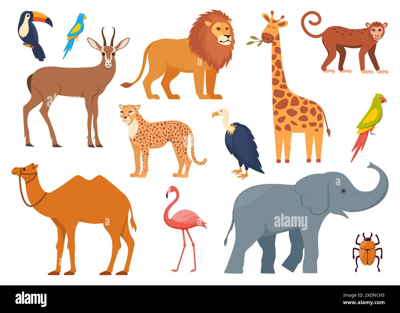 African animals and birds, set of characters. Elephant, giraffe, camel
