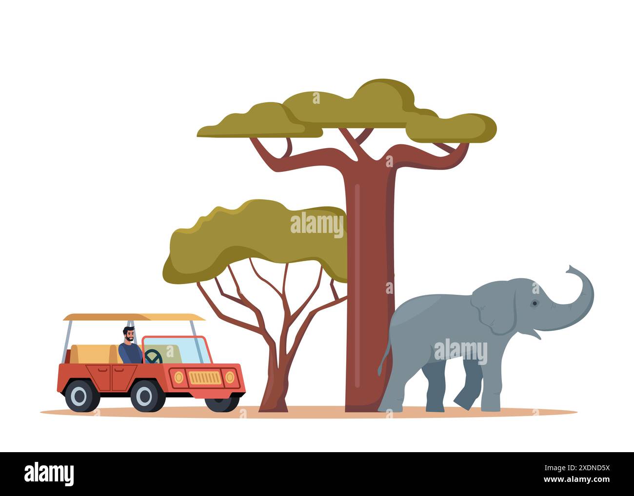 African safari. Man in jeep drive through African savannah and look at