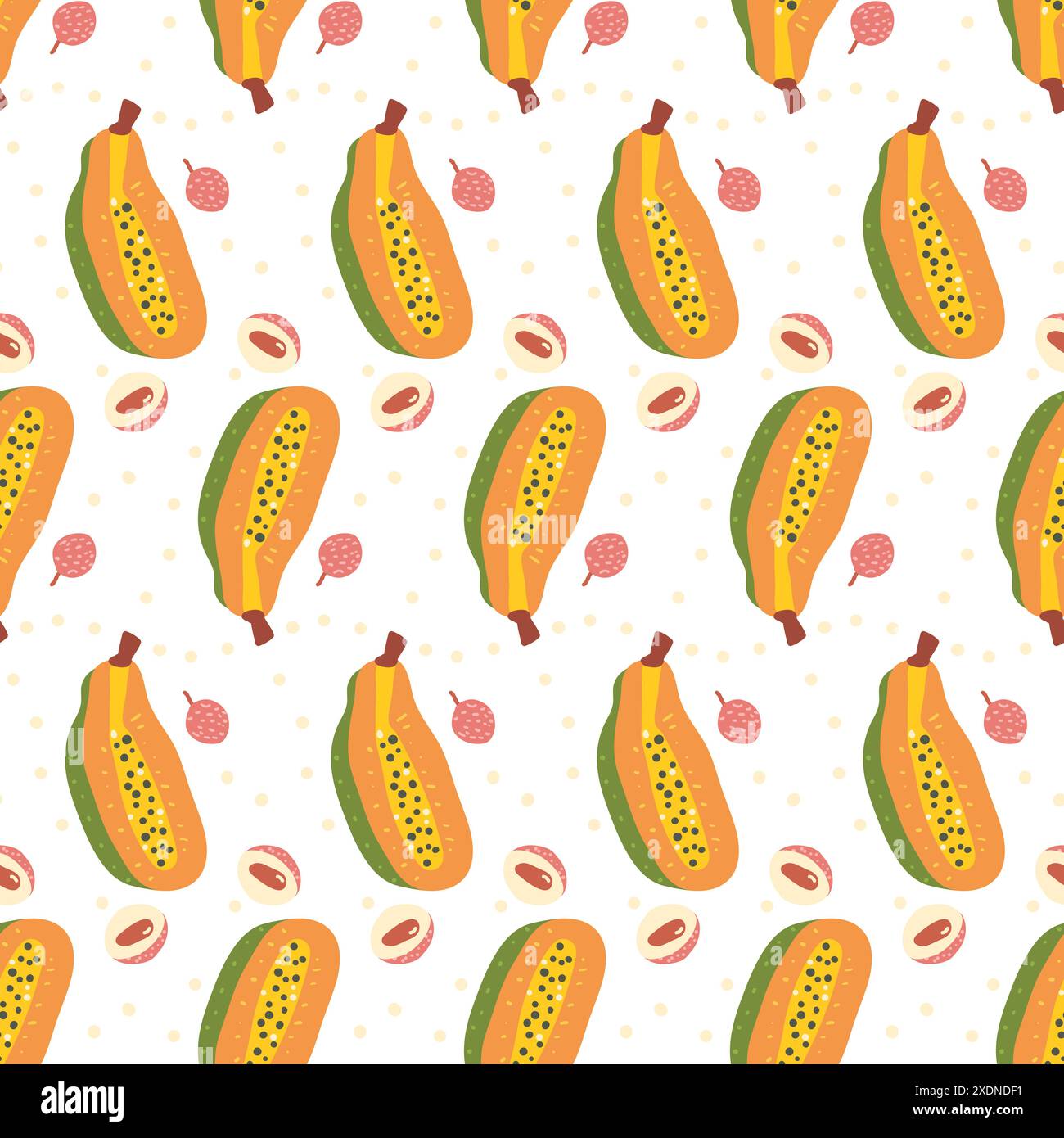 Papaya and lychee seamless pattern. Tropical ripe half slices repeat ...