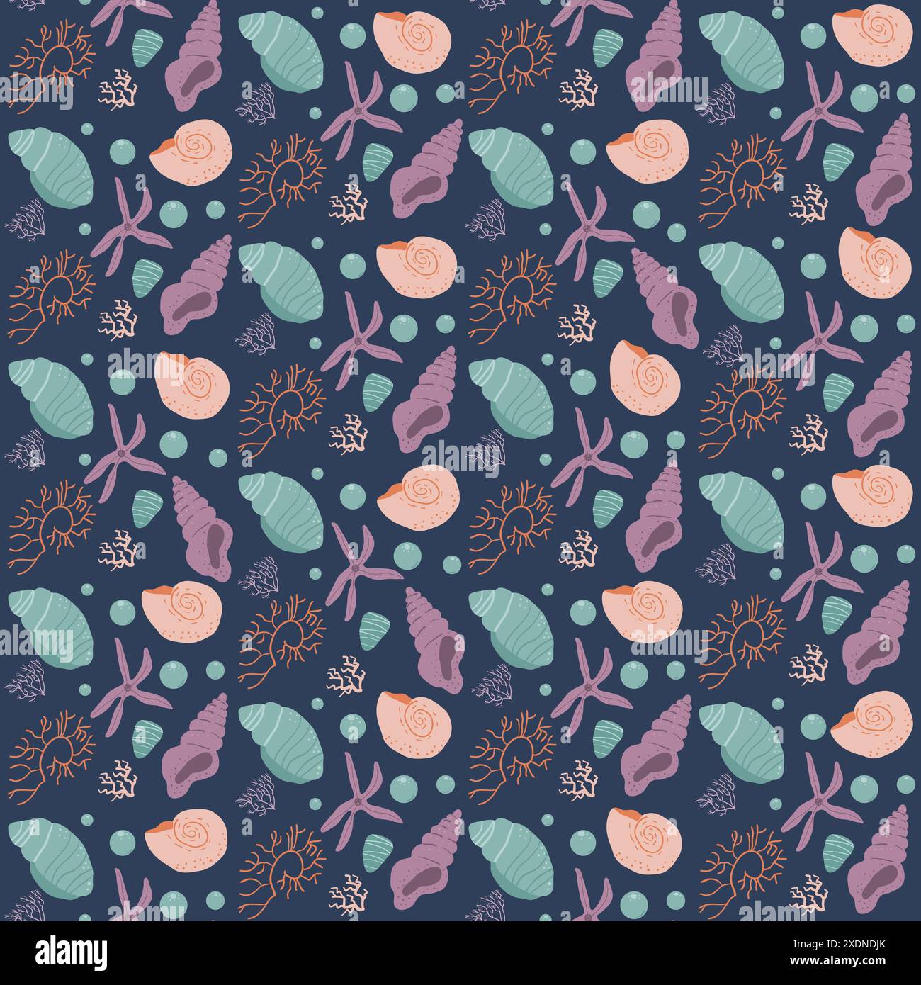Seashells seamless pattern. Barnacles and algae endless background. Underwater world repeat cover. Vector hand drawn illustration. Stock Vector