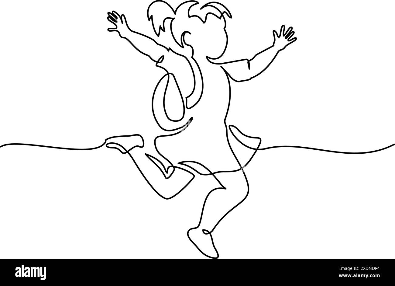 Happy girl pupil with backpack running and jumping. Continuous one line ...
