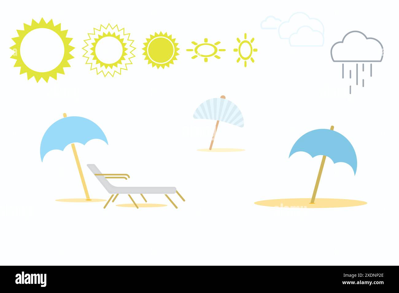 Summer travel and vacation concept. Beach parasol and beach chair holiday icons. Sun shines on a beach umbrella Stock Vector