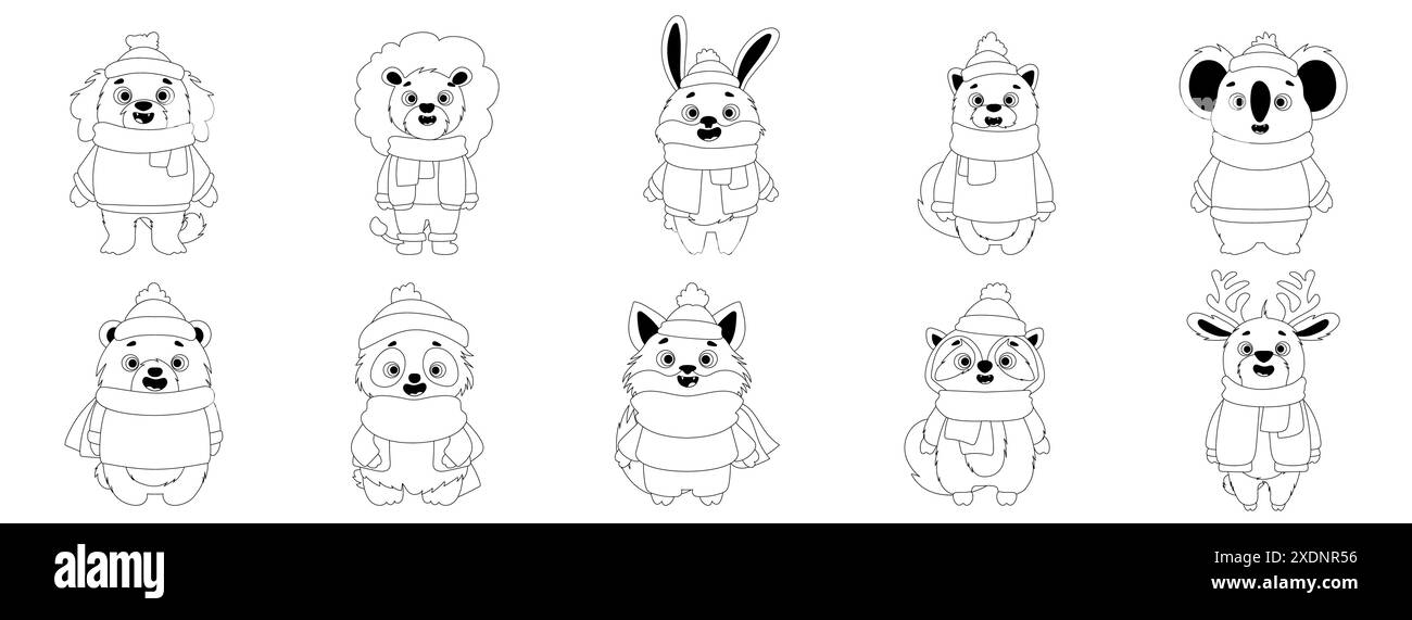 Black and white coloring page of cute animals in winter clothing ...