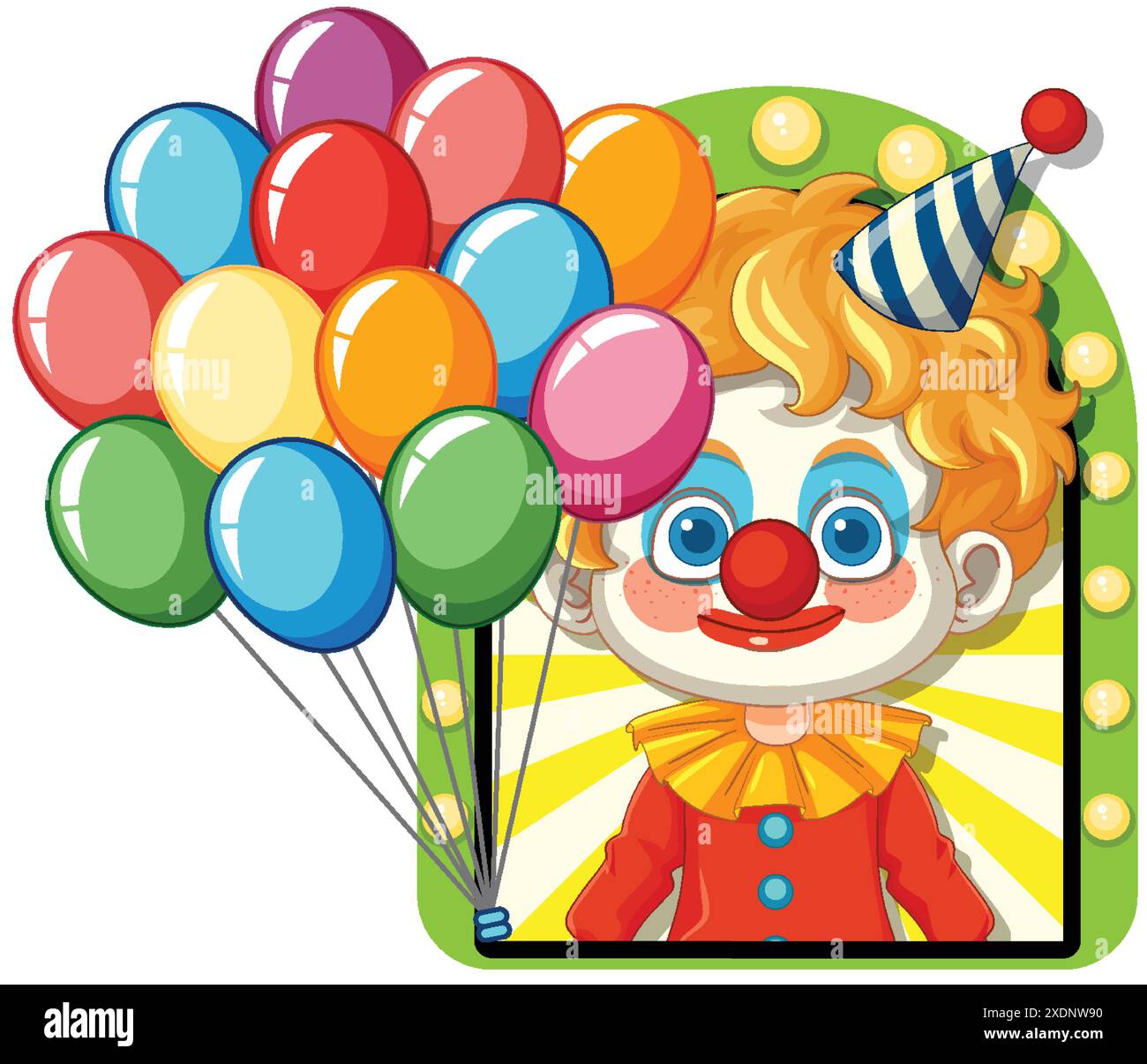 Cheerful clown holding colorful balloons, smiling brightly Stock Vector ...