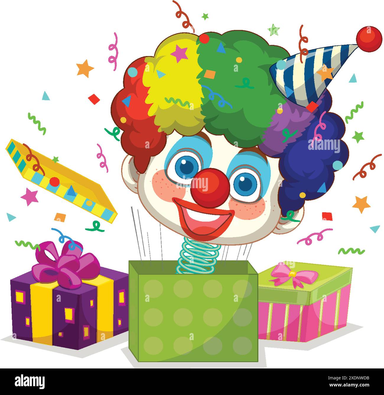 Cheerful clown popping out of gift box Stock Vector