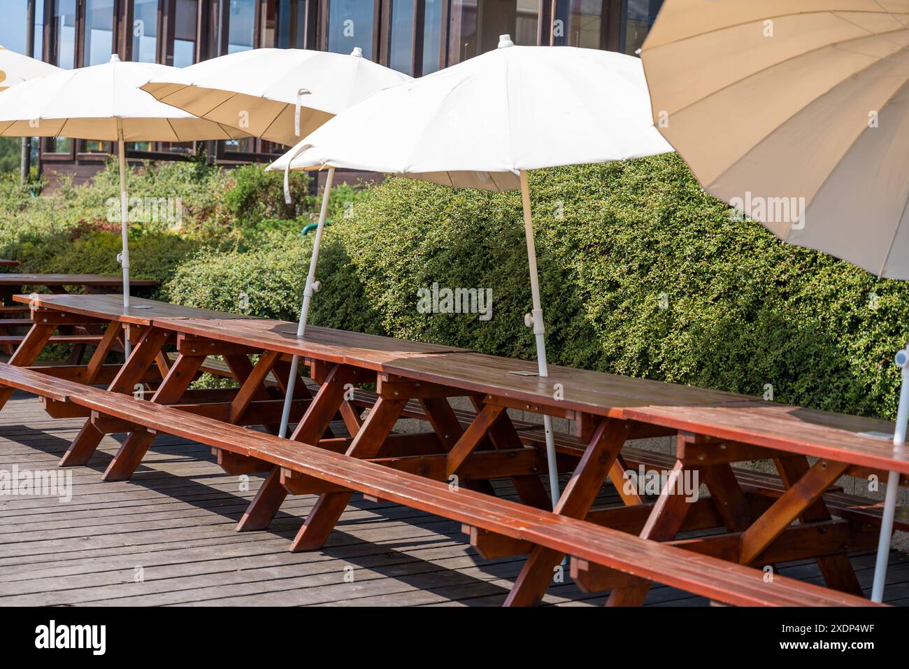 Picnic tables with parasols in a sunny outdoor terrace area Stock Photo