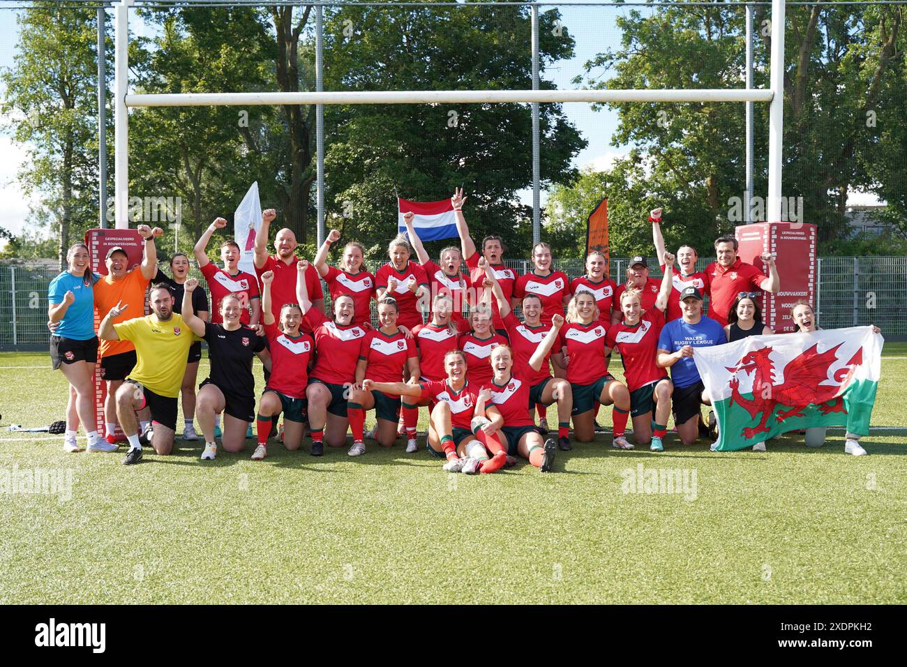 Wales women rugby league celebrate after qualifying for the rugby league world cup for the first time, RC Waterland, 22 Jun 2024 Stock Photo