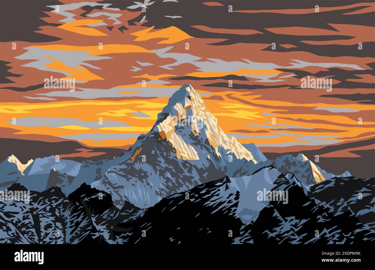 mount Ama Dablam peak with beautiful sunset sky on the way to Everest base camp, vector illustration, Khumbu valley, Sagarmatha national park, Everest Stock Vector