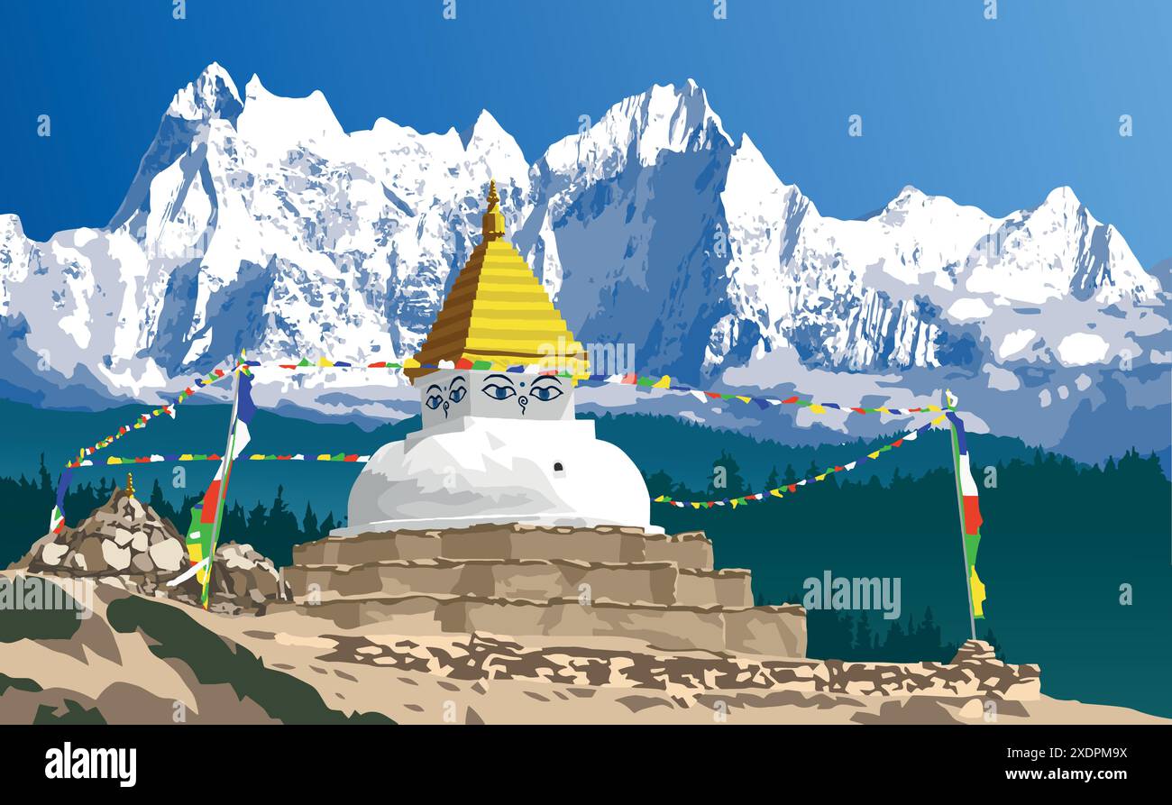 Buddhist stupa or chorten, way to Mt Everest base camp, himalayas mountains, buddhism in Khumbu valley under mount Everest, Nepal Stock Vector