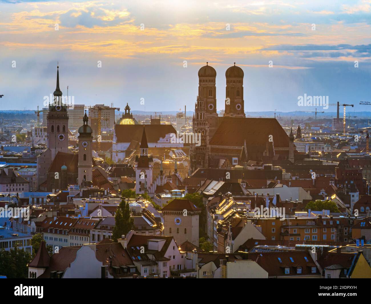 Frauenkirche landmark seen at Sunset in an aerial view - Munich ...