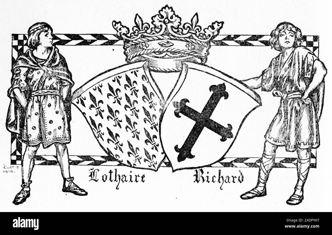 A generic engraving of a two medieval princes with their family shields as a symbol of kingship and conflict Stock Photo