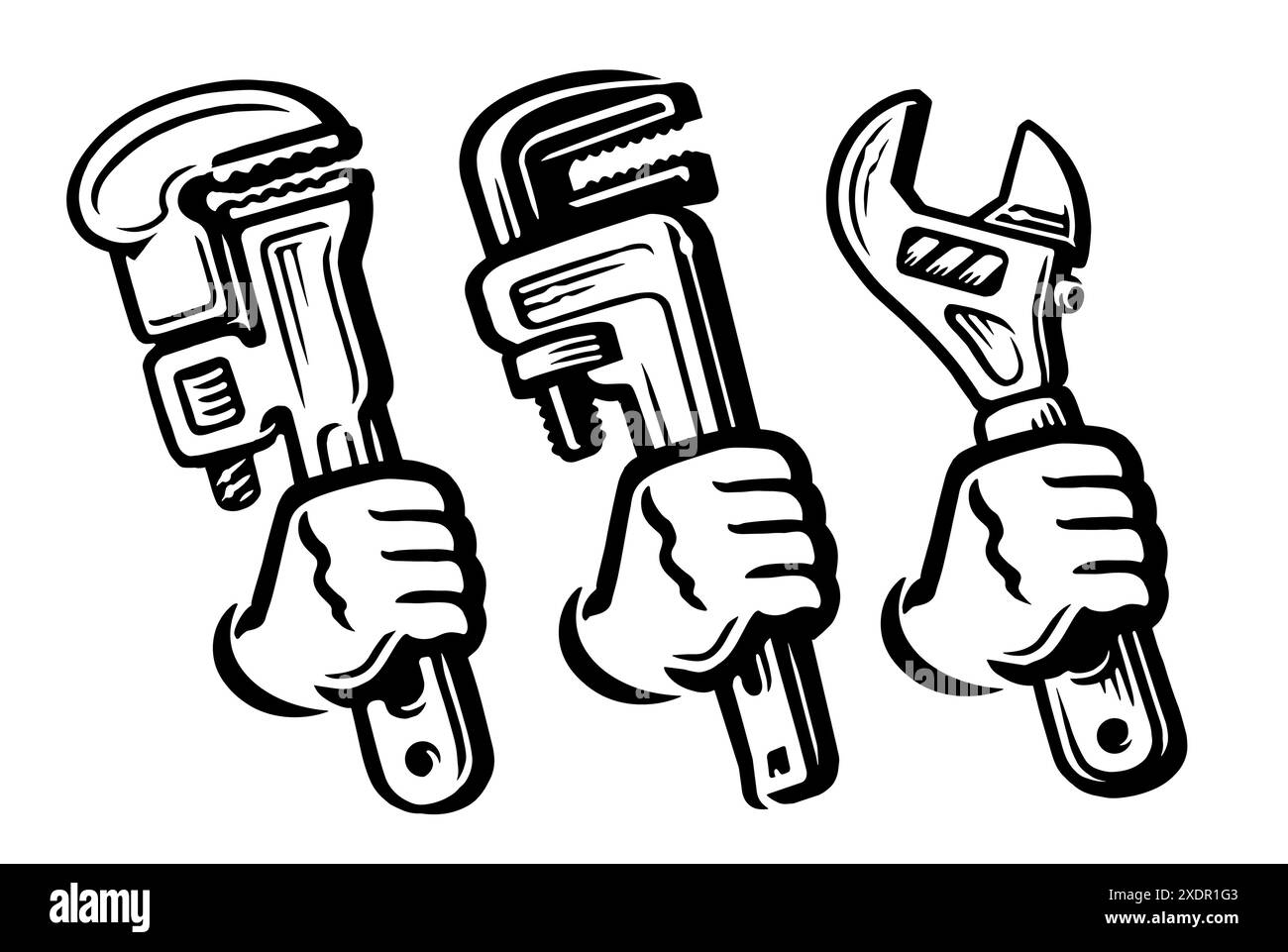 Tool wrench in hand. Service, housework icon or symbol. Vector