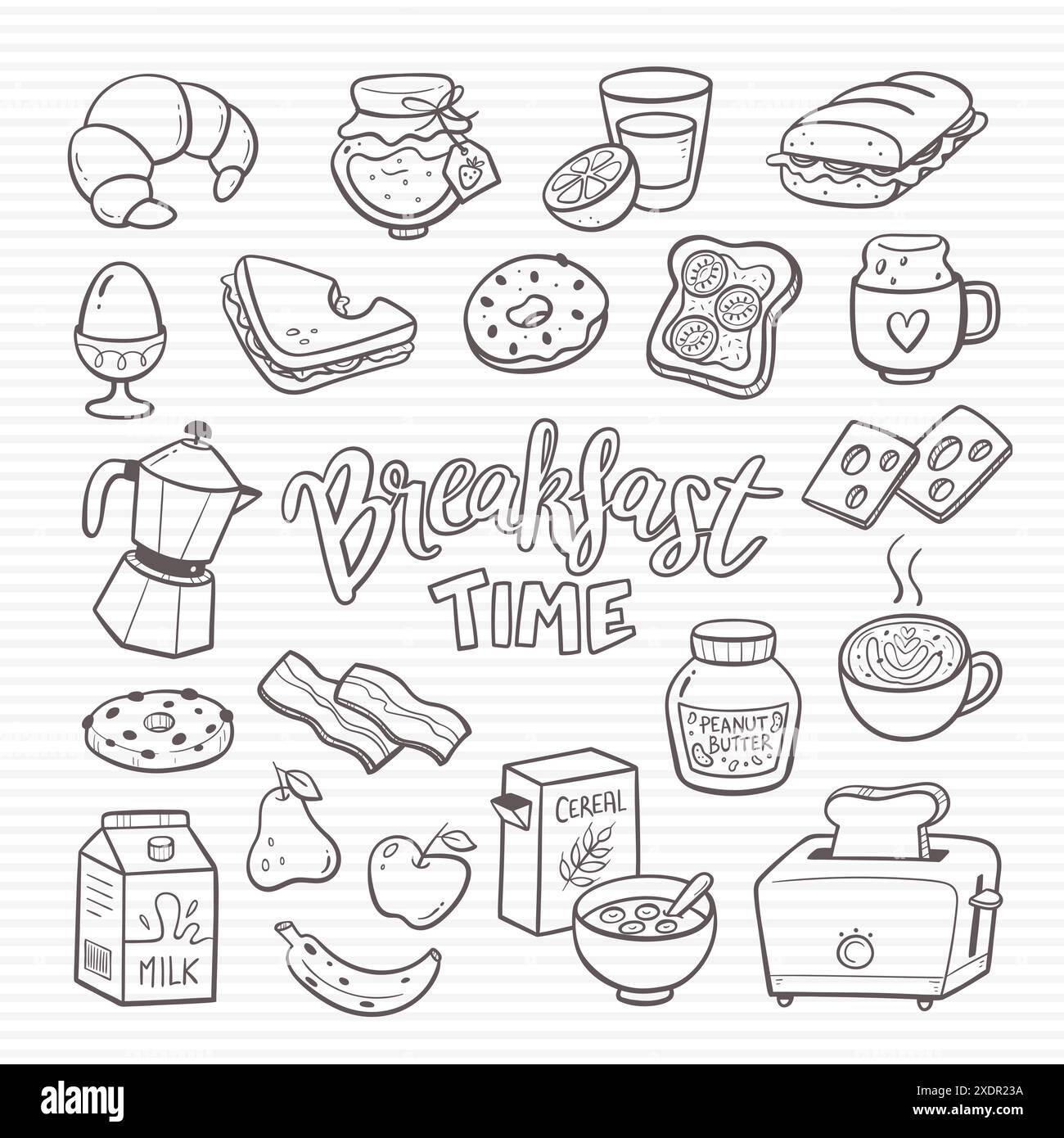 Breakfast food essentials. Hand drawn doodle isolated icons perfect for restaurant menu designs. Bread, pastries, coffee, fruit, cereals, jam, peanut Stock Vector