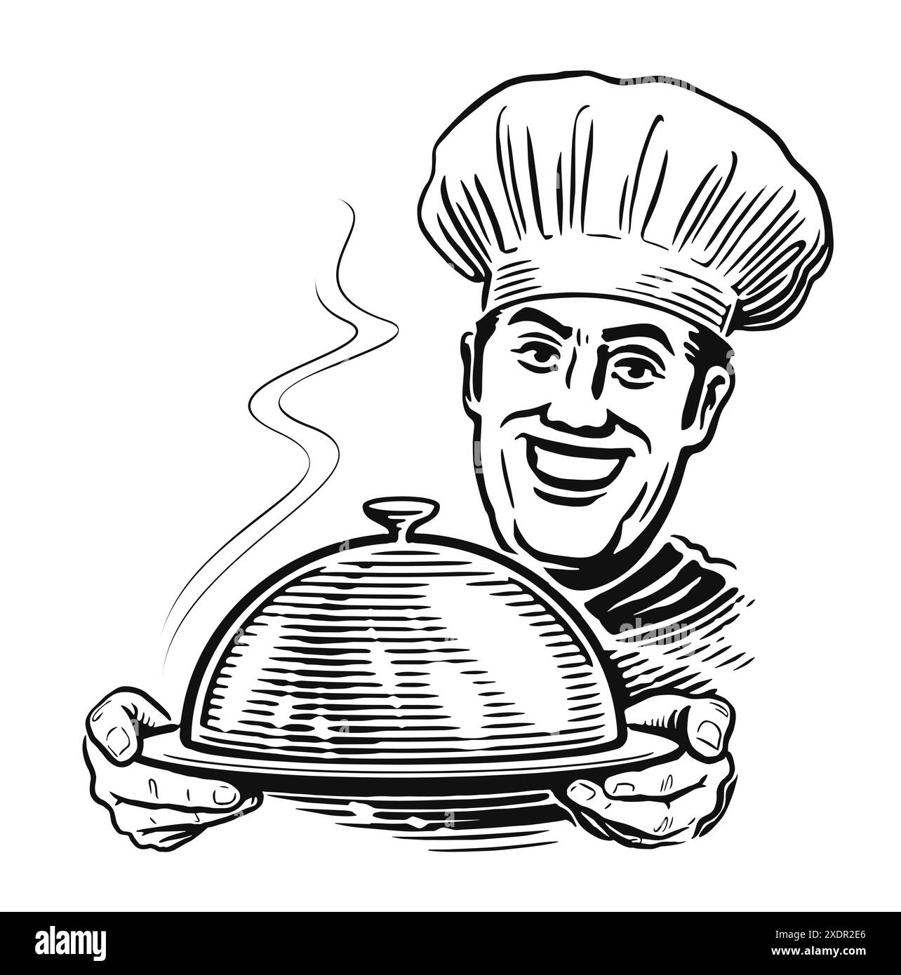 happy-chef-with-tray-male-cook-in-hat-with-cloche-in-hands-vector