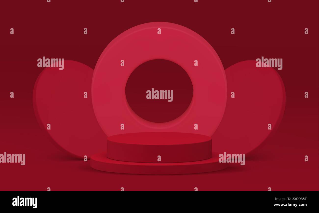 3d red cylinder podium pedestal with circle frame wall background ...