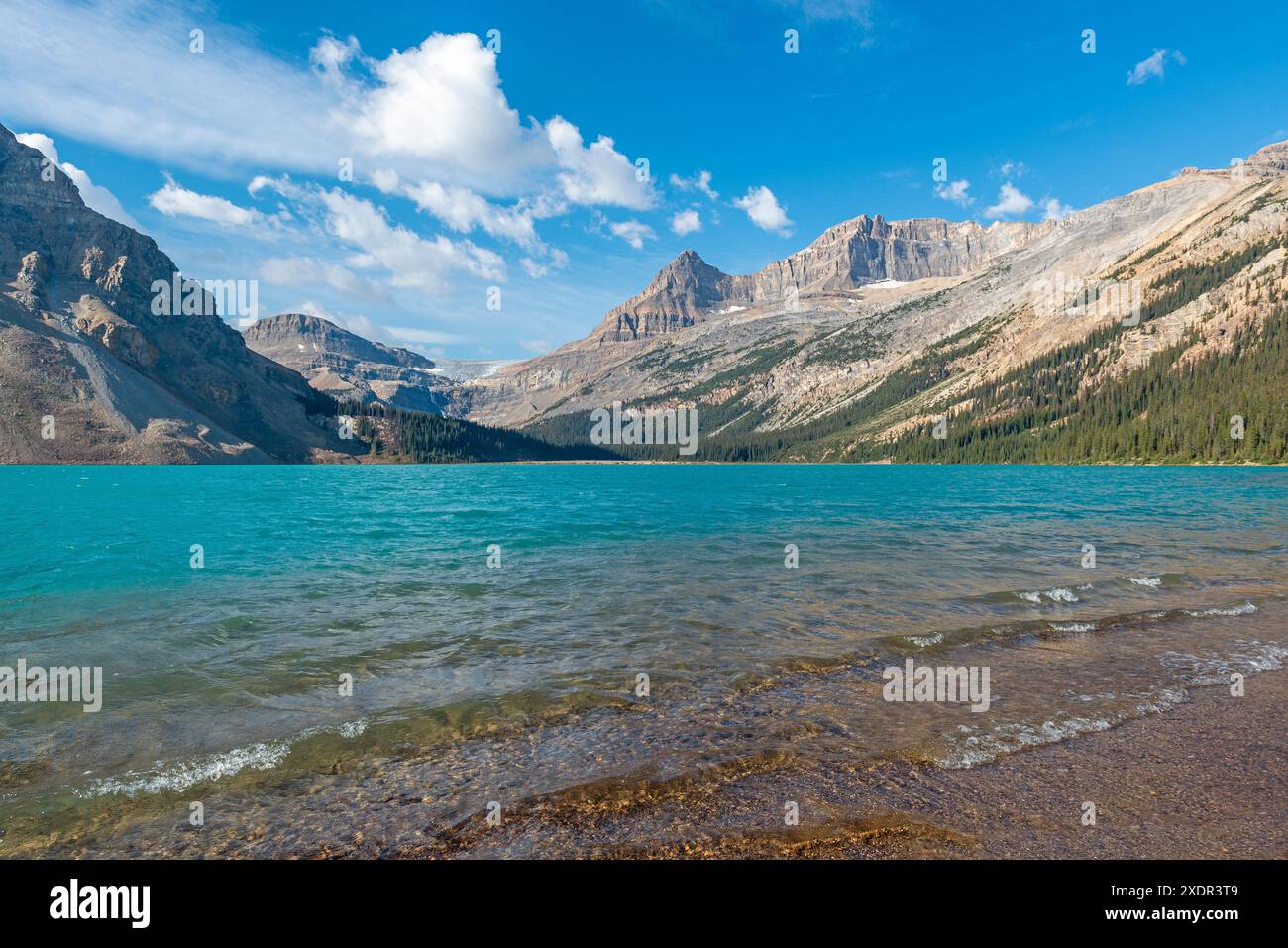 Bow lake with wind and waves in summer, Banff national park, Alberta, Canada. Stock Photo