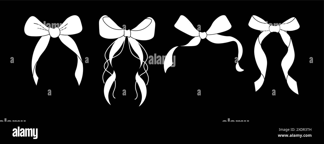 Set of bows on black background. Bowknots for hair decor. Trendy girls hair braiding accessories. Vector Illustration Stock Vector