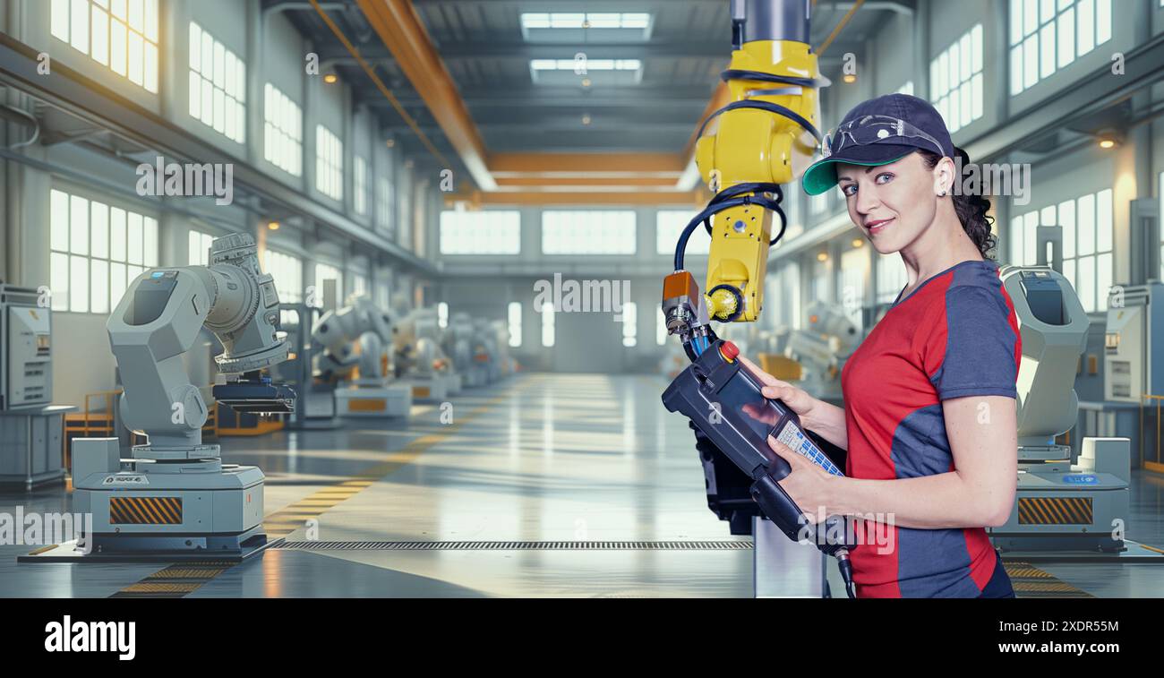 A young female technician while machine constructing in a manufacturing plant Stock Photo