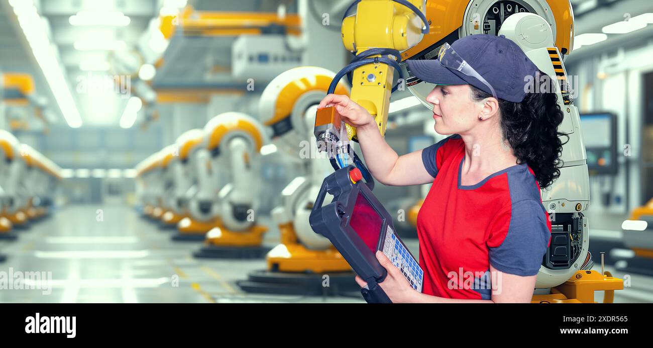 A young female technician while machine constructing in a manufacturing plant Stock Photo