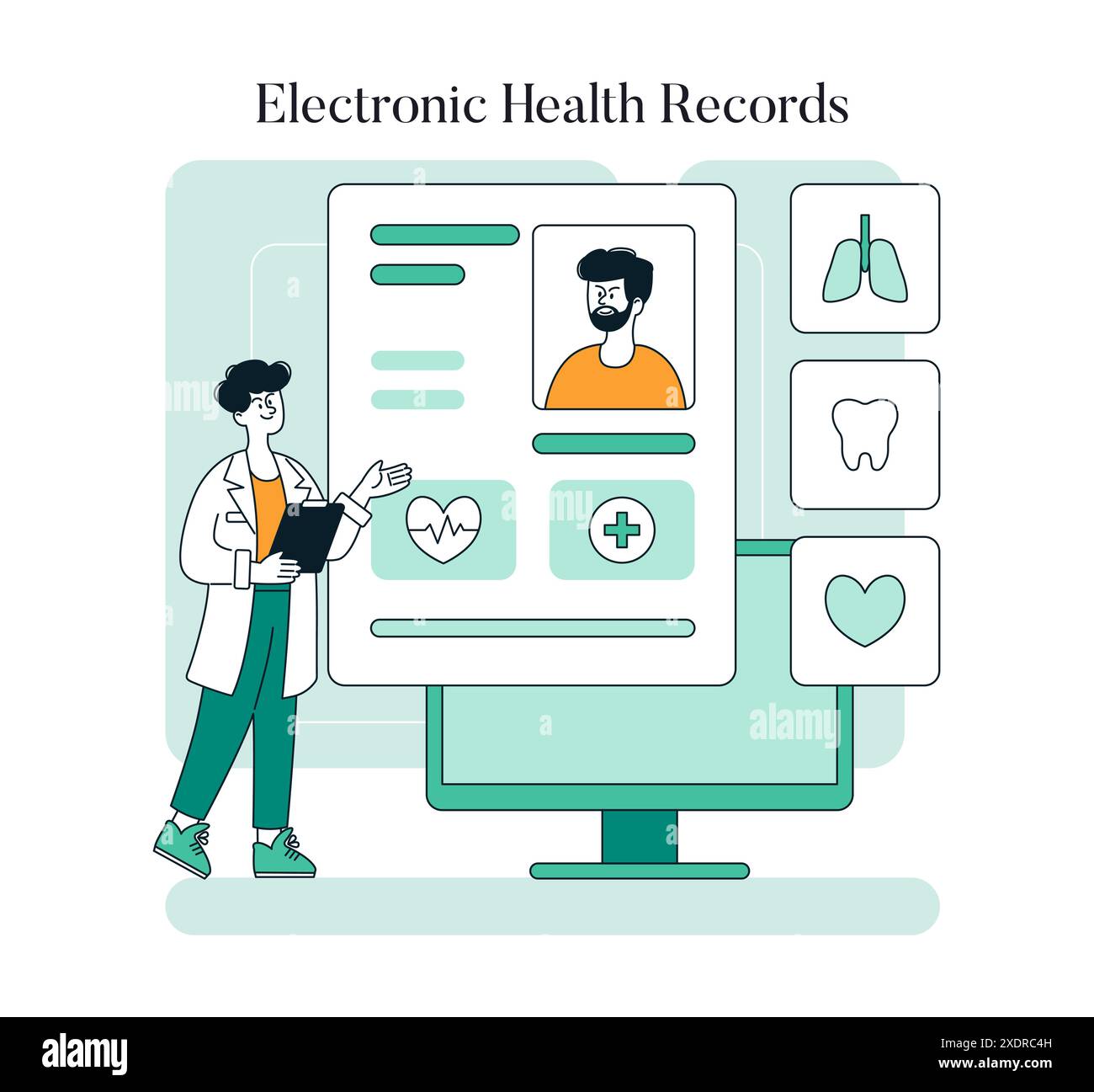 Electronic Health Records concept. Doctor reviews a digital patient