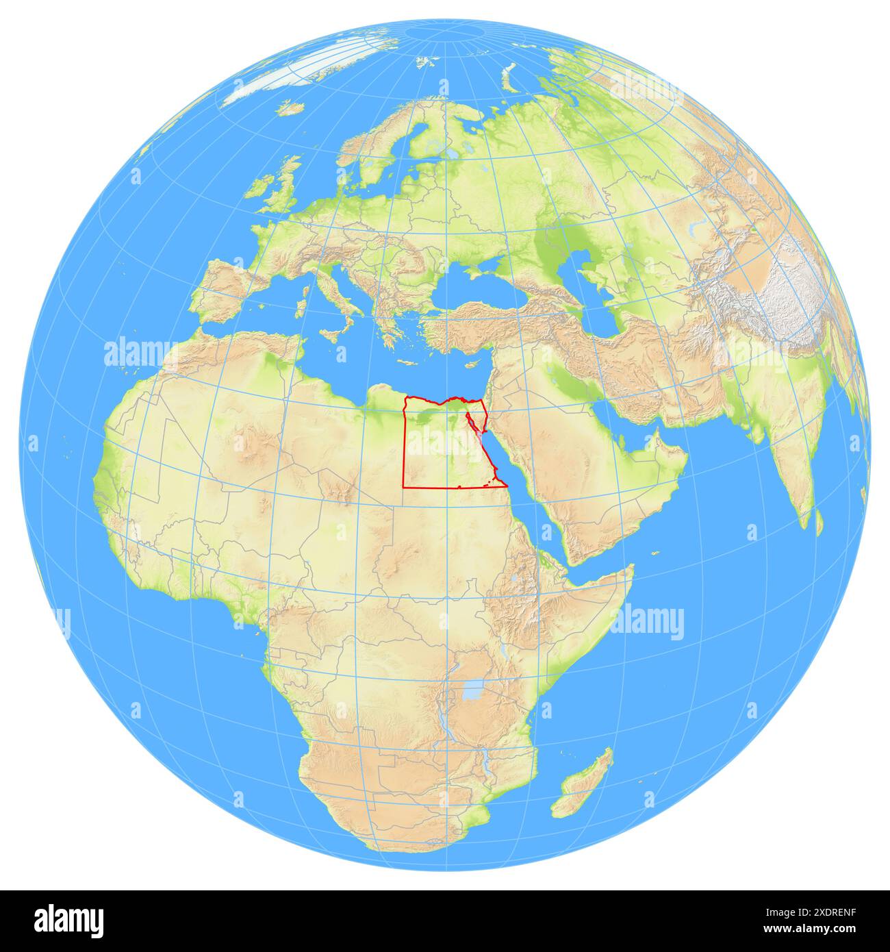 View of the Earth from space showing the location of the country Egypt in Africa. The country is highlighted with a red polygon. Small countries are a Stock Photo