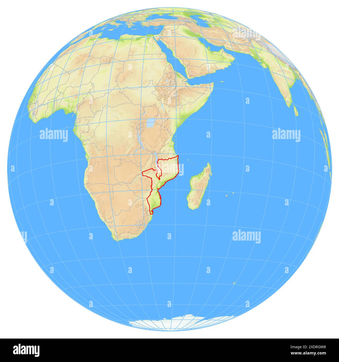 View of the Earth from space showing the location of the country Mozambique in Africa. The country is highlighted with a red polygon. Small countries Stock Photo