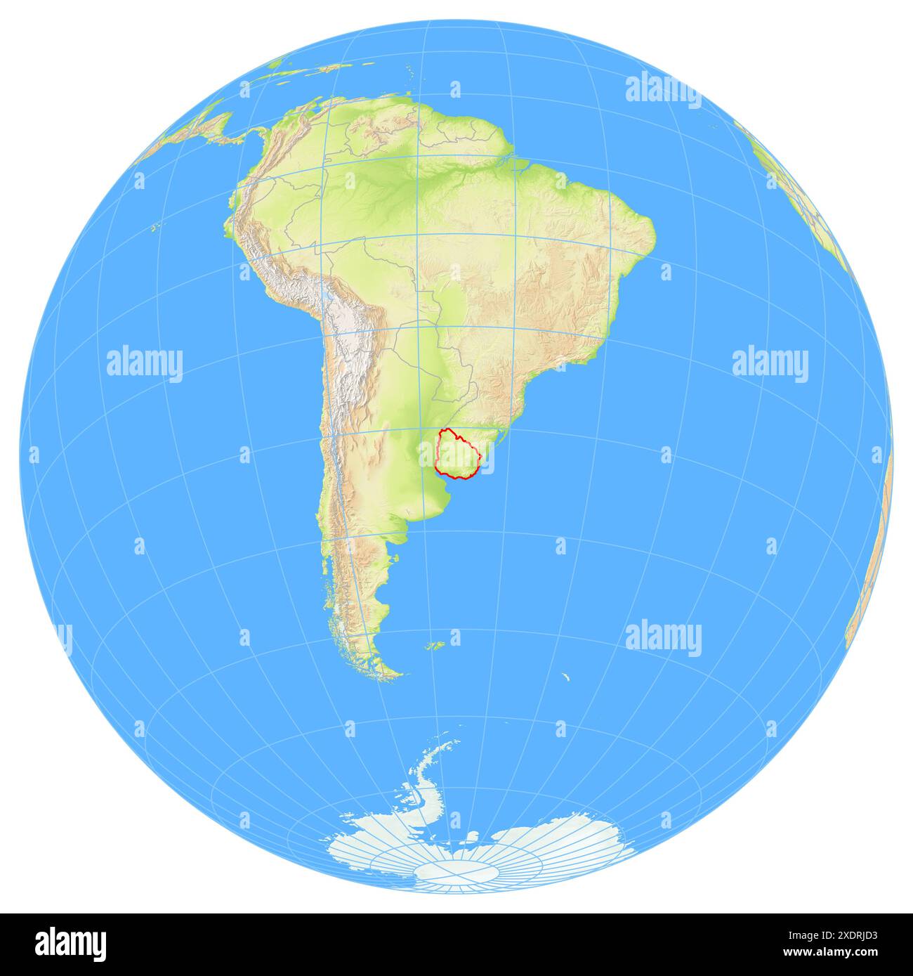 View of the Earth from space showing the location of the country Uruguay in South America. The country is highlighted with a red polygon. Small countr Stock Photo