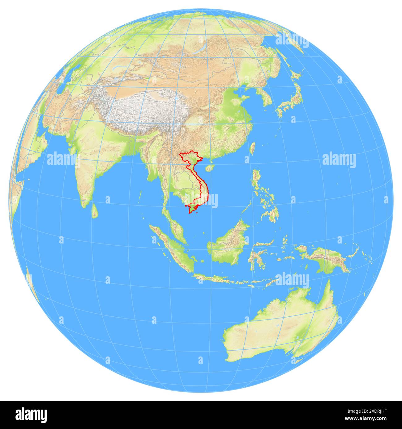 View of the Earth from space showing the location of the country Vietnam in Asia. The country is highlighted with a red polygon. Small countries are a Stock Photo