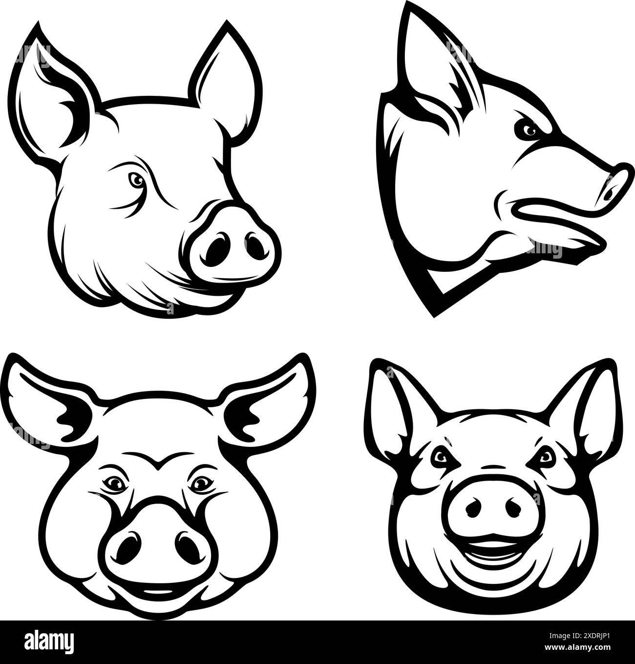 Set of pig heads. Design element for restaurant menu, poster, BBQ ...