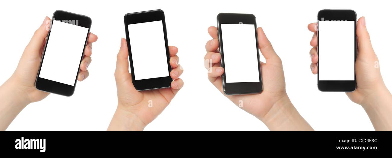 Set of Woman Hands which holding Smartphone with blank screen, isolated ...
