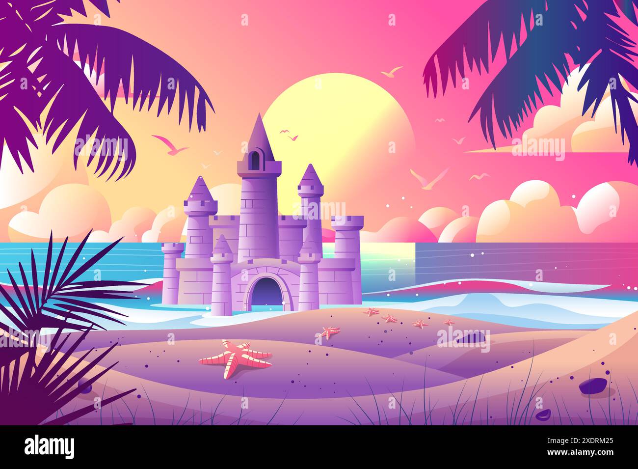 Sunset beach scene with sandcastle palm trees starfish ocean waves ...