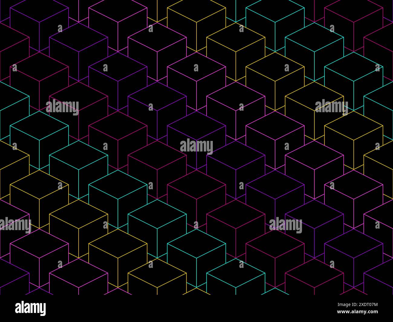 3D cubes seamless pattern. Multicolor abstract background in cyberpunk style. Cryptoblocks. Design for banners, printed materials and posters. Vector Stock Vector
