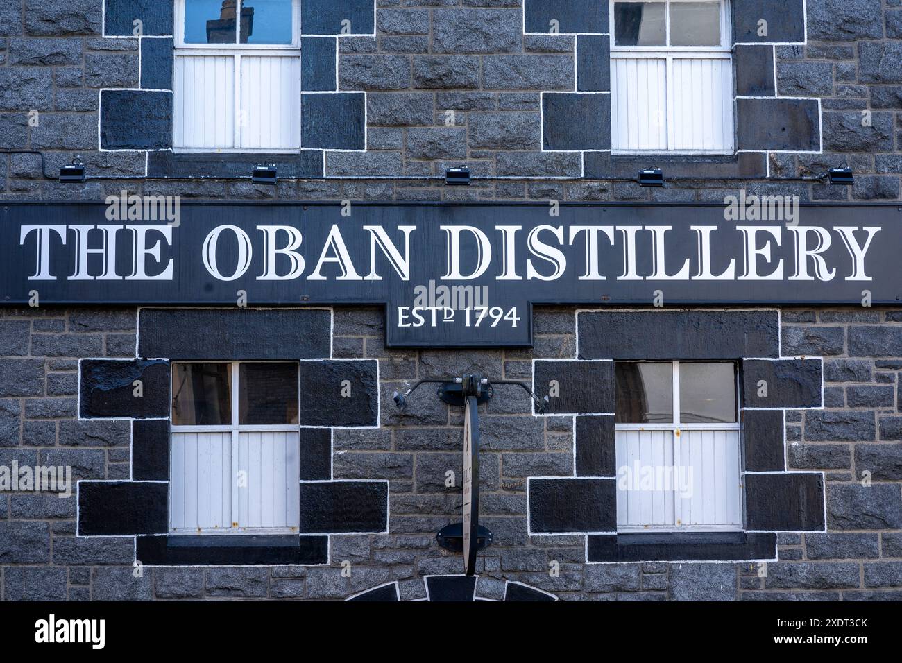 Front facade of the Oban Distillery building, in Oban on the west coast of Scotland.  October 2018 Stock Photo