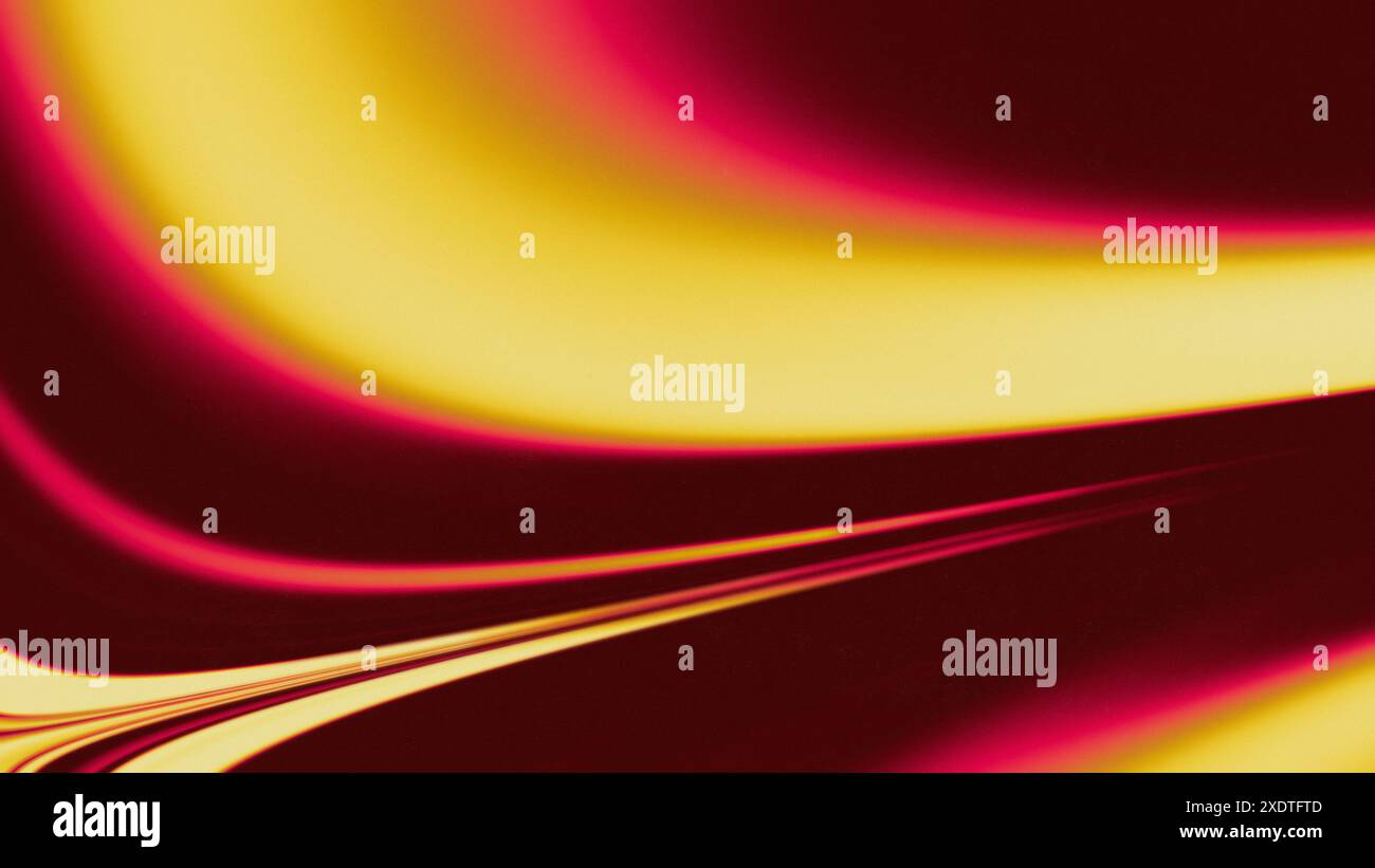 Abstract flowing liquid wavy curved yellow and pink shapes on dark red  background. Blurry, dynamic and futuristic background with noise. Copy space. Stock Photo